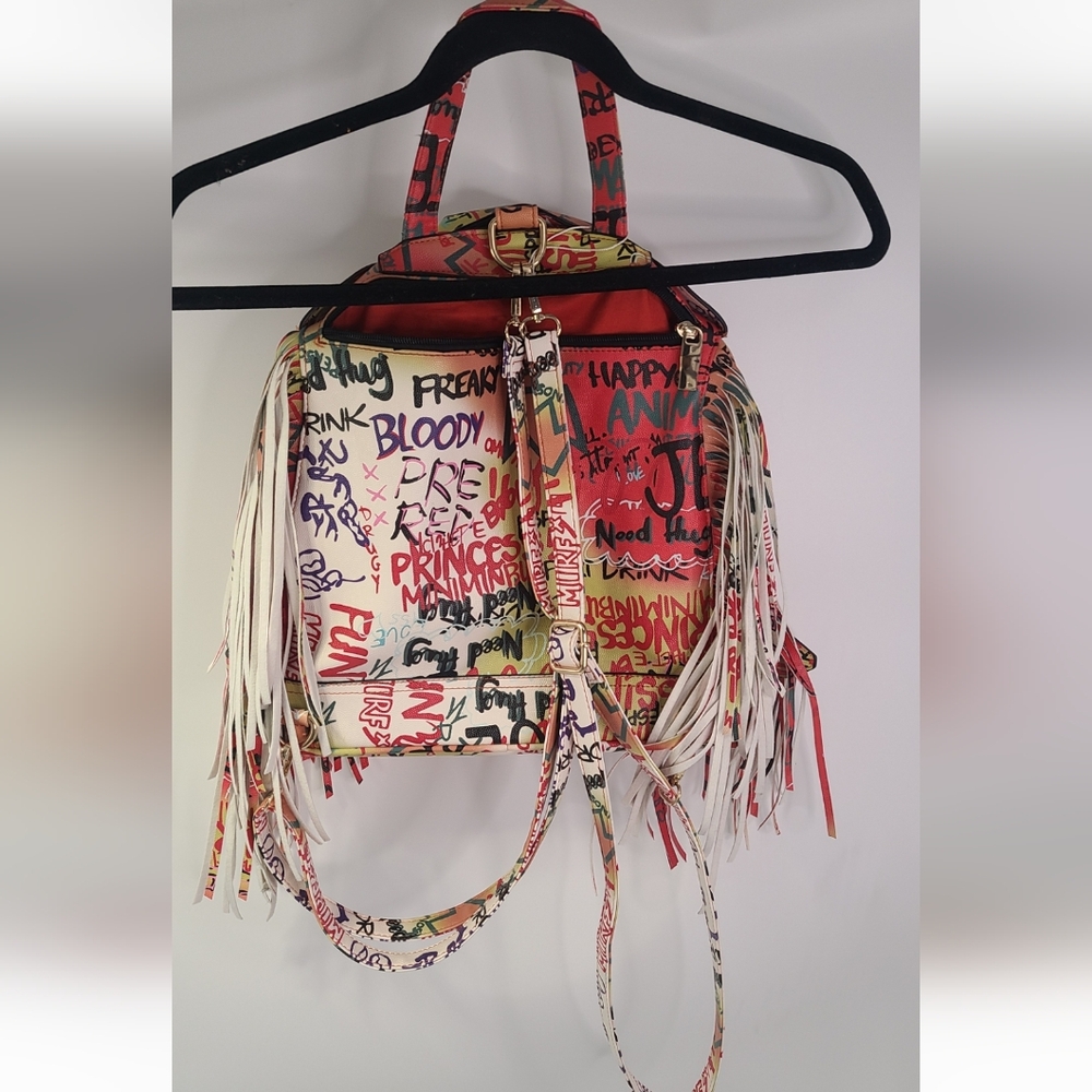 Orange and white multicolored biker graffiti fringe top handle backpack size M/L - Picture 3 of 7